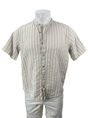 E.T.A Men's Beige Striped Relaxed Fit Short Sleeve Button Down Shirt Top Size M